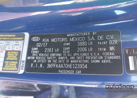 2017 Kia Forte Lx z USA, uszkodzony, nr VIN 3KPFK4A70HE123954